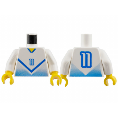 white torso soccer jersey shirt with blue chevron and number 11 yellow neck pattern white arms yellow hands