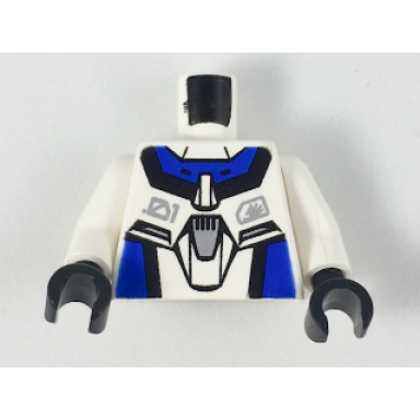 white torso exo-force blue panels with black edges with dark gray badge pattern white arms black hands