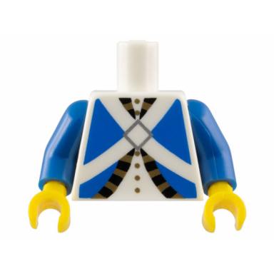 white torso imperial soldier blue uniform jacket with black and gold trim over shirt with buttons crossbelts with silver diamond clasp pattern bluecoat inside with ribs reissue blue arms yellow hands