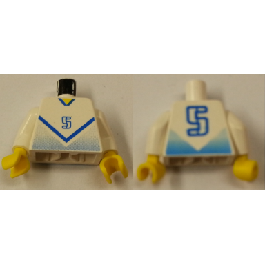 white torso soccer jersey shirt with blue chevron and number 5 yellow neck pattern white arms yellow hands