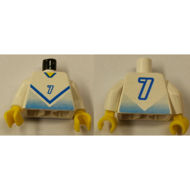 white torso soccer jersey shirt with blue chevron and number 7 yellow neck pattern white arms yellow hands