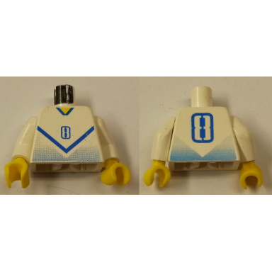 white torso soccer jersey shirt with blue chevron and number 8 yellow neck pattern white arms yellow hands