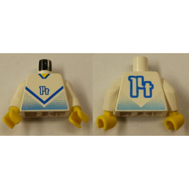 white torso soccer jersey shirt with blue chevron and number 14 yellow neck pattern white arms yellow hands