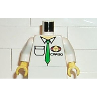 white torso cargo logo with green tie pattern white arms yellow hands