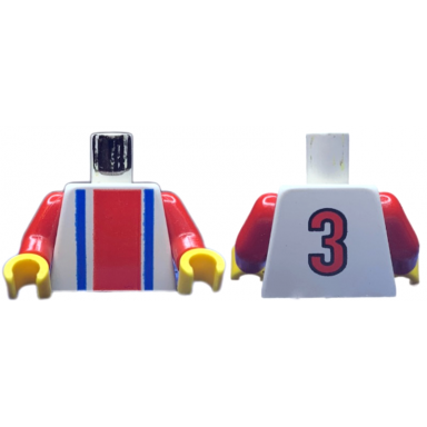 white torso soccer vertical red and blue stripes and number 3 on back pattern red arms yellow hands