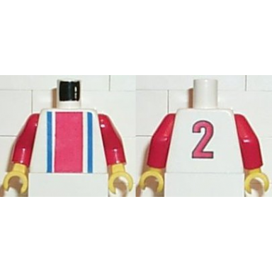 white torso soccer vertical red and blue stripes and number 2 on back pattern red arms yellow hands