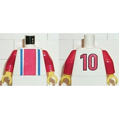 white torso soccer vertical red and blue stripes and number 10 on back pattern red arms yellow hands