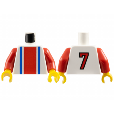 white torso soccer vertical red and blue stripes and number 7 on back pattern red arms yellow hands