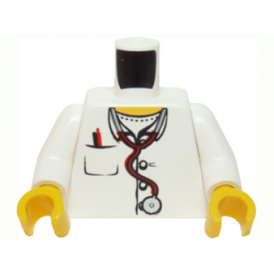 white torso hospital lab coat open collar stethoscope pocket pen and thermometer pattern white arms yellow hands