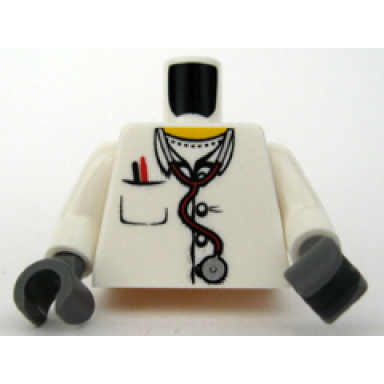 white torso hospital lab coat open collar stethoscope pocket pen and thermometer pattern white arms dark bluish gray hands