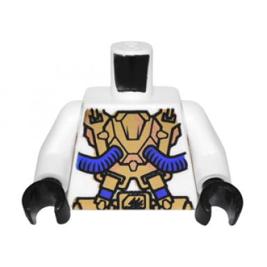 white torso exo-force gold panels with black edges with violet hoses pattern white arms black hands
