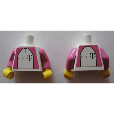 white torso german telekom dark pink pattern stickers on both sides dark pink arms yellow hands