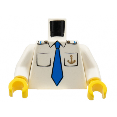 white torso boat anchor logo blue tie two pockets pattern white arms yellow hands