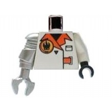 white torso agents villain jacket with orange lapels and buckle pattern white arm and black hand left metallic silver mech arm and claw right