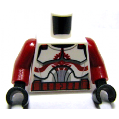 white torso sw armor clone trooper with dark red markings and belt with solid light bluish gray semicircle above belt pattern dark red arms black hands