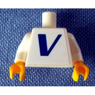 white torso with dark blue capital letter v vestas logo pattern sticker white arms yellow hands