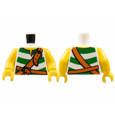 white torso pirate shirt with green stripes dark orange belts with silver buckles yellow neck pattern yellow arms yellow hands