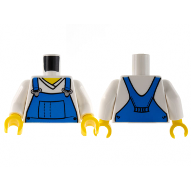 white torso v-neck shirt with blue overalls - printed back pattern white arms yellow hands