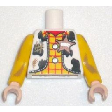 white torso western outfit male with sheriff star and dirt stains pattern woody yellow arms long with dark tan dirt stains pattern light nougat hands