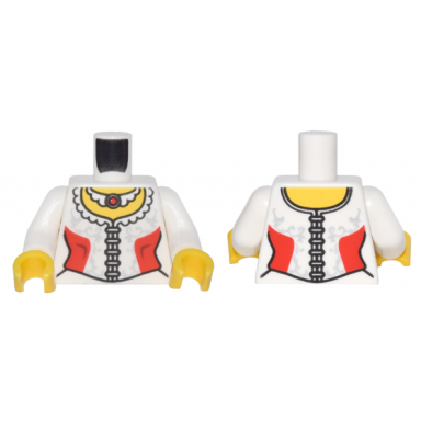 white torso female corset with ruffled collar red side panels and light bluish gray filigree necklace with round jewel yellow neck pattern white arms yellow hands