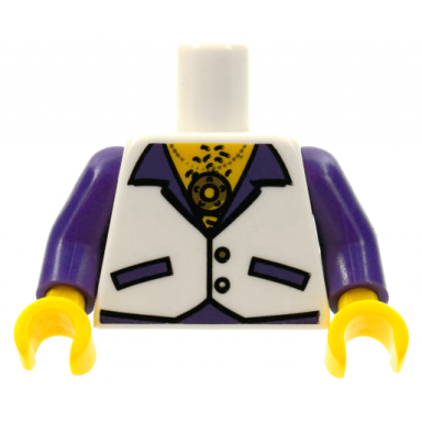 white torso vest with dark purple pockets and lapels and gold buttons necklace with medallion yellow hairy chest pattern dark purple arms yellow hands