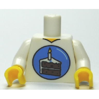 white torso v-neck with birthday cake slice in blue circle pattern white arms yellow hands