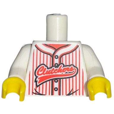white torso baseball jersey with vertical red stripes buttons and clutchers logo pattern white arms yellow hands