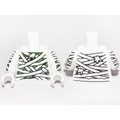 white torso mummy wrappings over sand green pattern white arms printed white hands