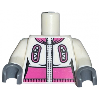 white torso female jacket with zipper pockets and magenta collar and waist panel pattern white arms dark bluish gray hands