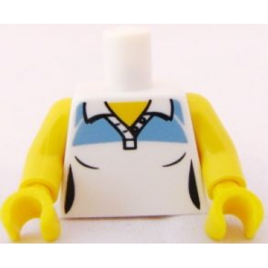 white torso female tennis shirt with medium blue shoulders pattern yellow arms yellow hands