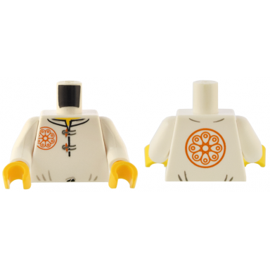 white torso ninjago dark orange flower medallion and gray toggle buttons pattern white arms yellow hands