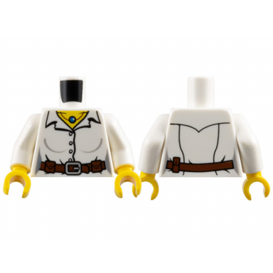 white torso female shirt with collar and buttons reddish brown belt with pouches and buckle necklace with blue bead yellow neck pattern white arms yellow hands