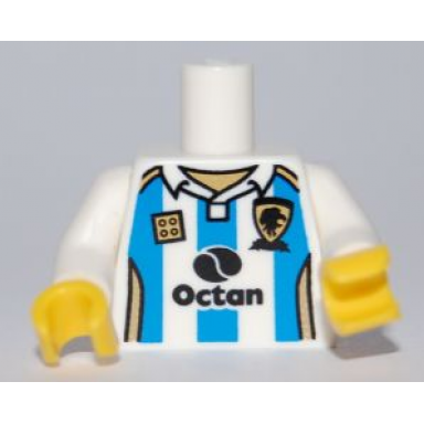 white torso soccer octan logo and light blue stripes pattern white arms yellow hands