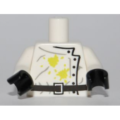 white torso lab coat dirt stains with black buttons and belt pattern white arms black hands