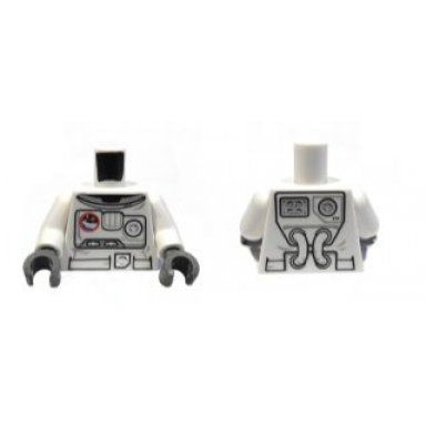 white torso city spacesuit with space logo and equipment pattern front tubes pattern back white arms dark bluish gray hands