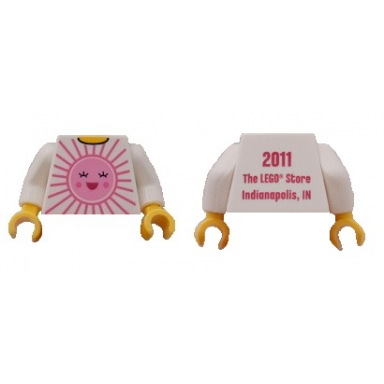 white torso shirt with bright pink and dark pink sun with face with red open mouth smile yellow neck 2011 the lego store indianapolis in on back pattern white arms yellow hands