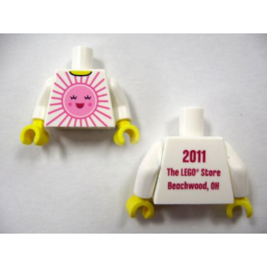 white torso shirt with bright pink and dark pink sun with face with red open mouth smile yellow neck 2011 the lego store beachwood oh on back pattern white arms yellow hands