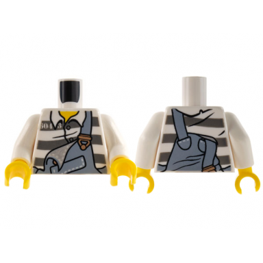 white torso sand blue overalls with copper buckles over prison uniform shirt with buttons and dark bluish gray stripes yellow neck pattern white arms yellow hands