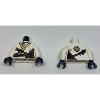 white torso ninjago brown rope and white undershirt gold lion on back pattern white arms black hands