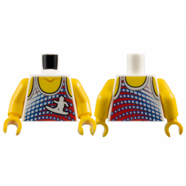 white torso tank top with surfer silhouette yellow neck and shoulders pattern yellow arms yellow hands