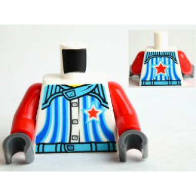 white torso racers with 5 buttons stripes and red star front and back pattern red arms dark bluish gray hands