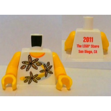 white torso shirt with orange collar and 3 flowers over yellow and silver curved stripes 2011 the lego store san diego ca on back pattern yellow arms yellow hands