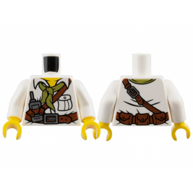 white torso shirt with pocket olive green scarf reddish brown belt and strap with silver buckle radio yellow neck pouches on back pattern white arms yellow hands