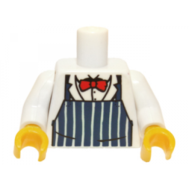 white torso dark blue apron with white stripes red bow tie pattern white arms yellow hands