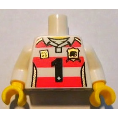 white torso horizontal red stripes with black number 1 and golden brick and shield pattern white arms yellow hands