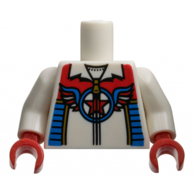 white torso jacket with gold zipper red star in blue circle with wings pattern white arms red hands