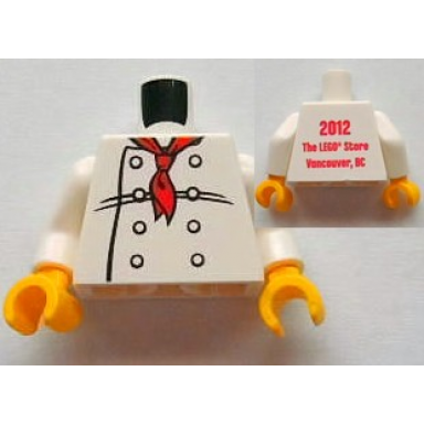 white torso chef with 8 buttons long red neckerchief front 2012 the lego store vancouver bc back pattern white arms yellow hands