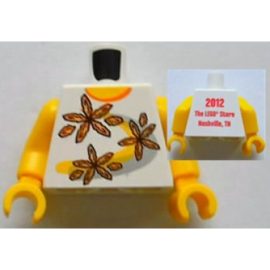 white torso shirt with orange collar and 3 flowers over yellow and silver curved stripes 2012 the lego store nashville tn on back pattern yellow arms yellow hands
