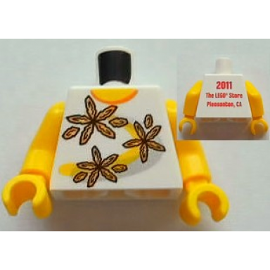 white torso shirt with orange collar and 3 flowers over yellow and silver curved stripes 2011 the lego store pleasanton ca on back pattern yellow arms yellow hands