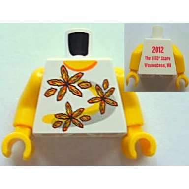 white torso shirt with orange collar and 3 flowers over yellow and silver curved stripes 2012 the lego store wauwatosa wi on back pattern yellow arms yellow hands